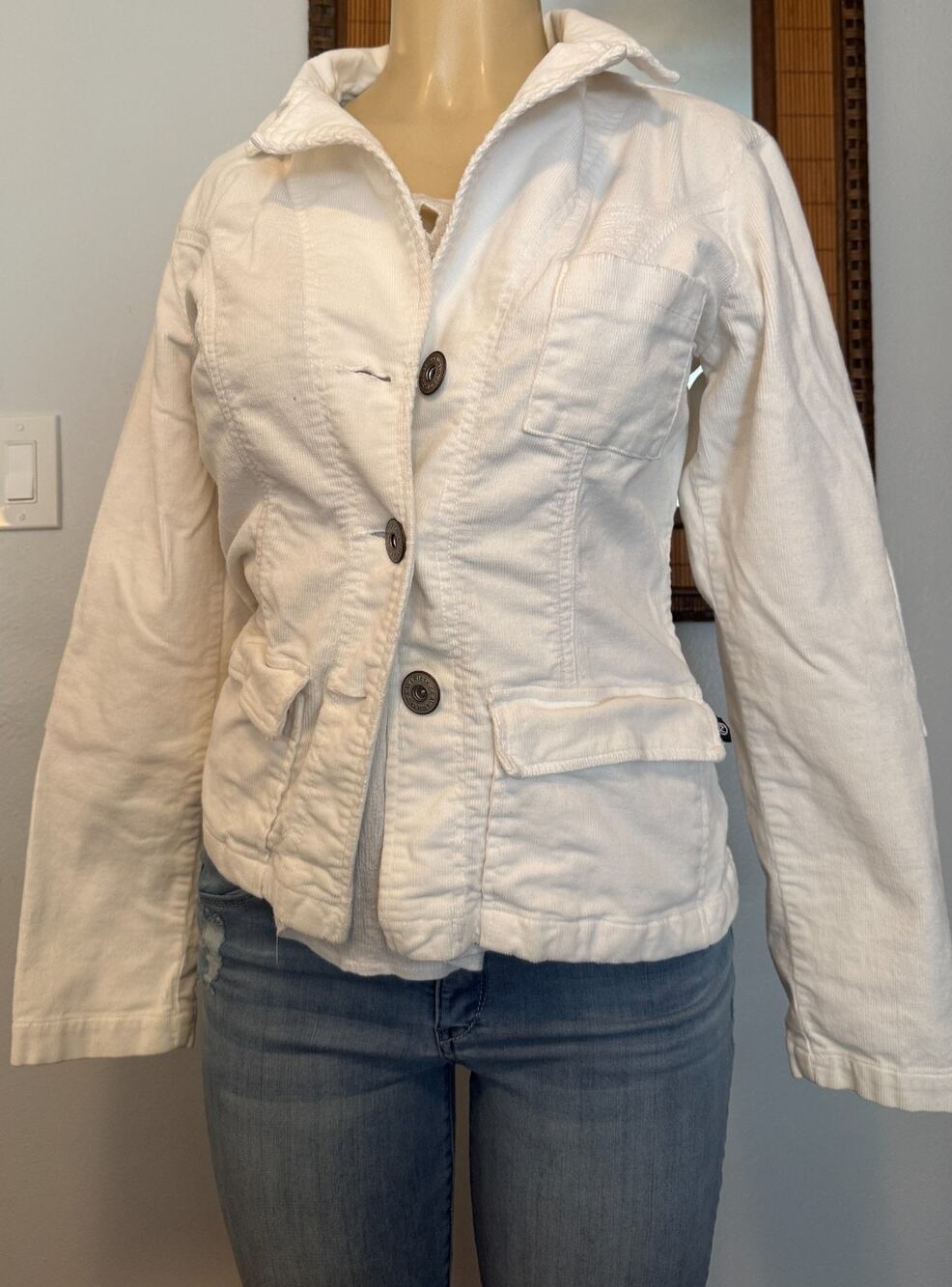ZCavaricci Womens M Cotton White Corduroy Jacket Elbow Patch Button Front